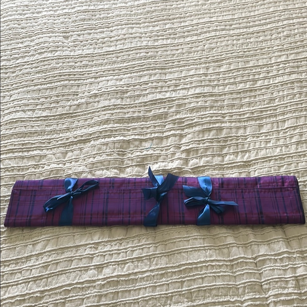 Purple Plaid Fabric Roll with Blue Ribbons Hair extension bag for storing